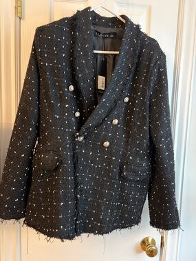 Lioness Black Tweed Double-Breasted Blazer with Silver-Tone Buttons